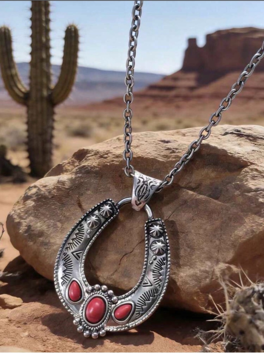 Western Necklace Horseshoe Red Turquoise Pendant Necklace Cowgirl Style